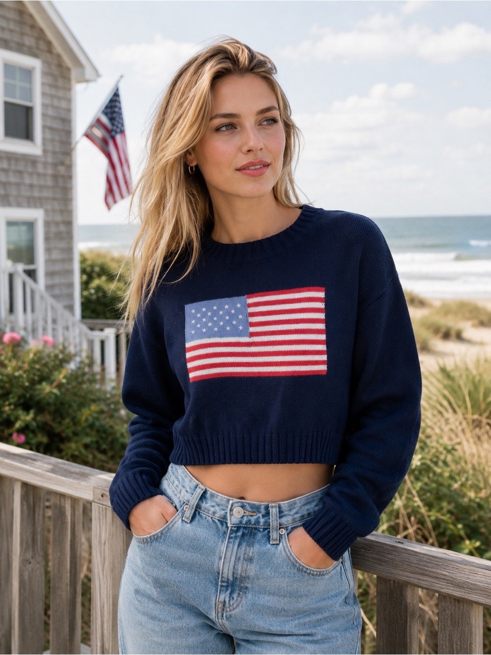 NWT Women’s Moon & Madison American Flag Oversized Cropped Navy Knit Sweater XL